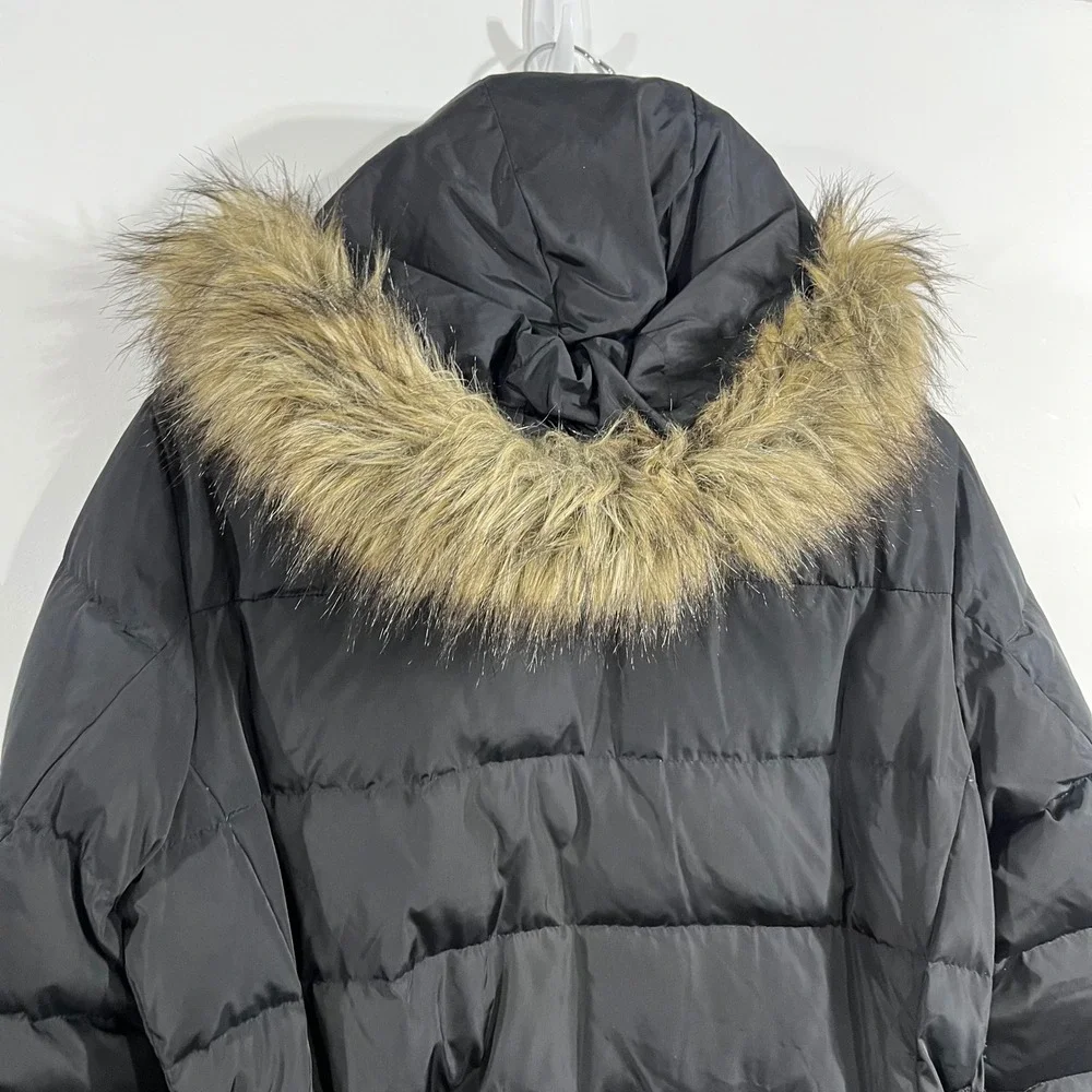 Michael Michael Kors Black Puffer Coat Faux Fur Hood Belted Winter Jacket Large
